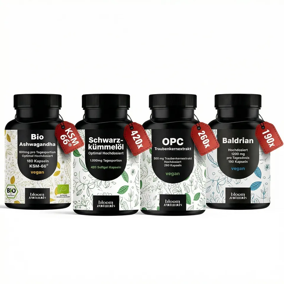 bloom-naturals-anti-stress-bundle-ashwagandha-baldrian-opc-4er-set image 1
