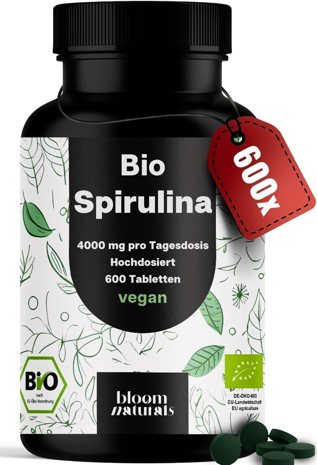 bloom-naturals-bio-spirulina-tabletten-600-st-ck-hochdosiert-4000-mg image 1